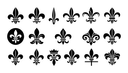 Vintage fleur de lis icons set, royal lily heraldic symbols collection, black ornamental floral vector elements for luxury branding and crest design © Mohsin
