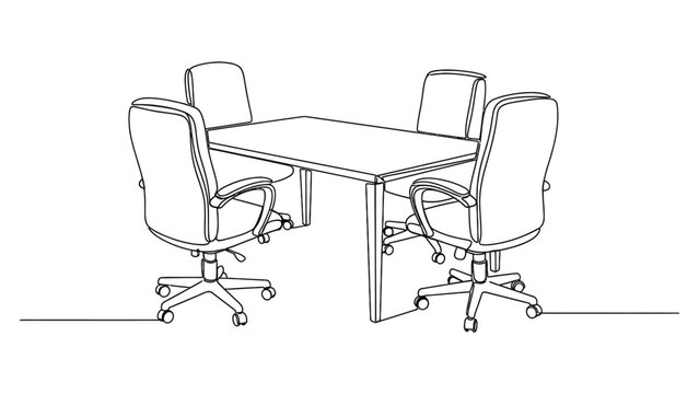 Continuous line drawing of a modern office meeting room table with four chairs.