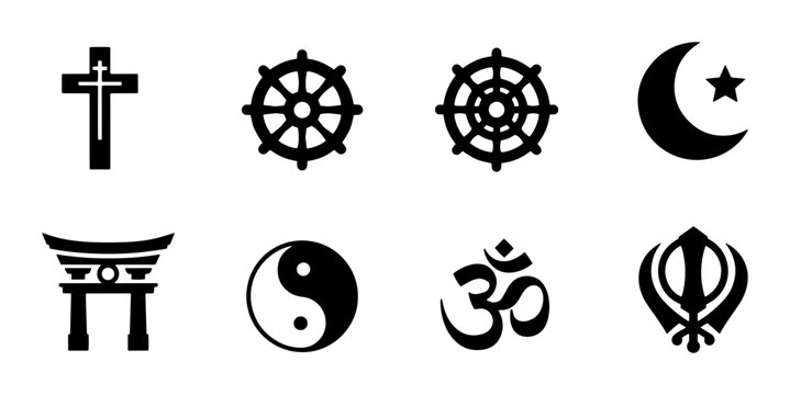 Religious symbols collection with 8 black icons, spiritual faith and world religion signs, sacred belief system emblems for graphic design