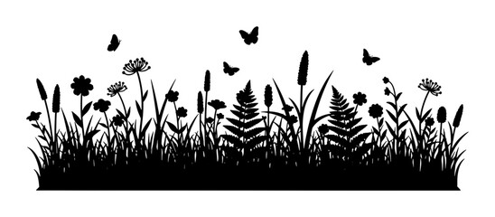 Wildflower meadow silhouette vector, black floral grass border with butterflies, summer garden plants and botanical weeds landscape element © Jesmin