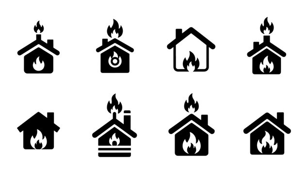 House fire icons set, black burning home vector symbols, 8 residential property fire insurance signs, building emergency and disaster pictograms