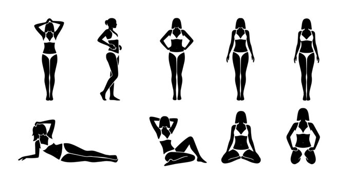 Bikini woman silhouette collection, set of 9 female figures in swimwear, black and white vector icons for summer beach fashion and fitness