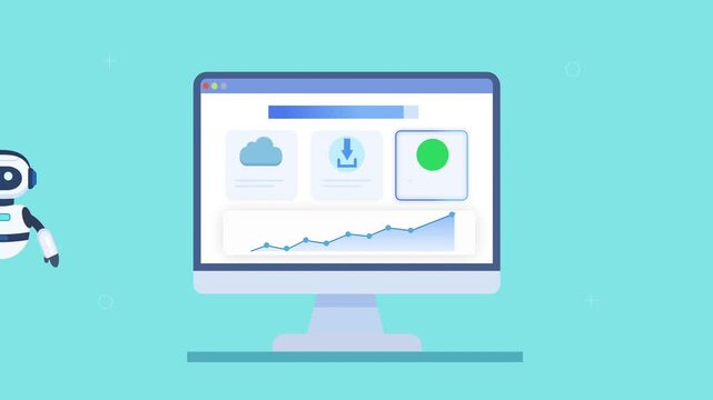 Animated video of a robot assistant beside a computer dashboard showing cloud storage, upload process, and analytics, representing AI automation, data storage, and cloud based workflow management.
