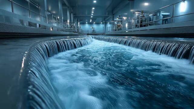 Clear water flowing through filtration systems and tanks at an industrial water treatment plant