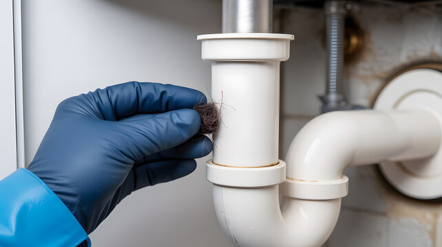 A gloved hand holding hair from a clogged drain pipe  