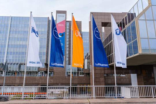 Frankfurt am Main, Germany - April 10, 2026: Lufthansa Anniversary Flags at Frankfurt Airport Germany
