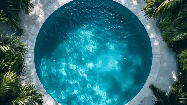 Aerial top-down view of a round swimming pool with turquoise water rippling and palm trees around