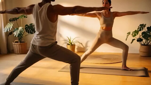 Practicing two adults in sportswear refining Warrior II on mats in sunlit room, breath guiding form