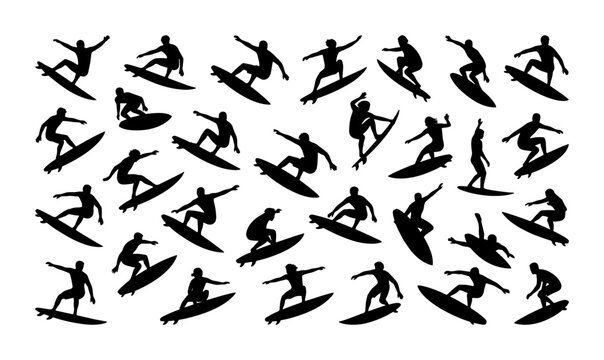 Surfing silhouette collection of 28 surfers on boards, black vector surfer icons on white background, extreme water sports athlete figures for summer design
