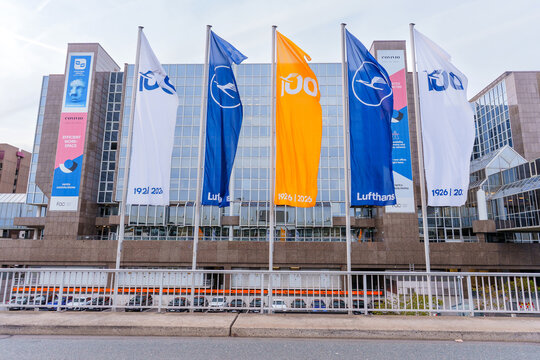 Frankfurt am Main, Germany - April 10, 2026: Lufthansa Building with 100th Anniversary Flags, Frankfurt