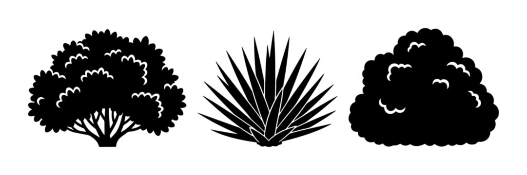 Black silhouette bush and shrub vector set, minimalist garden plant icons, 3 nature landscape elements for architectural site plans and landscaping design