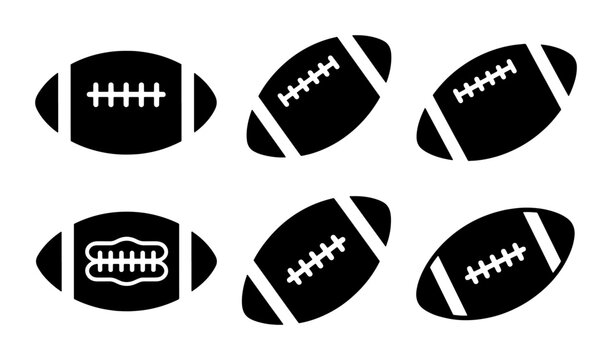 American football icons set, black silhouette rugby ball vector collection, minimalist sports equipment symbols for game day branding and team logos