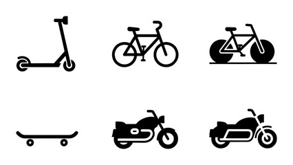 Minimalist transportation icons set, black silhouette vehicle symbols including bicycle and motorcycle, 6 vector elements for urban mobility and travel © Shorna
