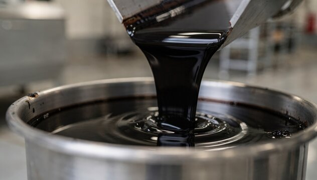 Medium shot showcasing lowimpurity coal tar binder flowing smoothly into a container emphasizing purification for superior electrode quality.