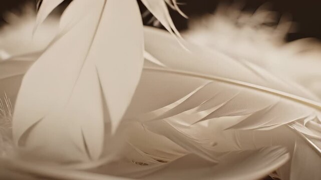 Soft white feathers in gentle arrangement. Natural texture creates calming atmosphere. Perfect for relaxation themes and artistic projects. Ideal for soothing video backgrounds.