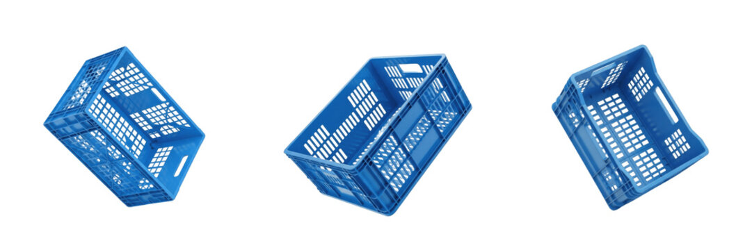 A blue plastic crate isolated on white background high resolution for logistics and shipping and industrial warehouse storage and waste management and home organization design concepts assets.