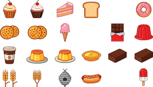 Vector Set of Sweet Desserts and Snacks Including Cupcakes, Ice Cream, Donuts, and More for Food, Bakery, and Treat Designs