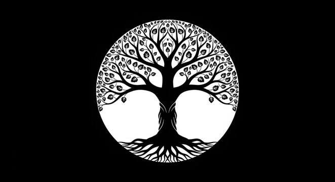 Intricate tree of life illusion a black and white optical art piece