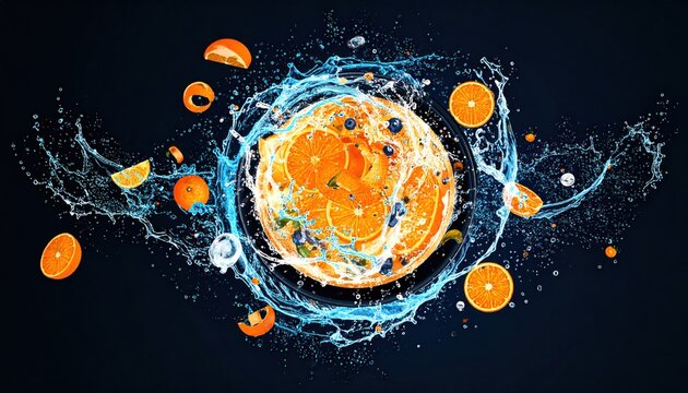 Citrus fruit exploding with water and blueberries against a dark background