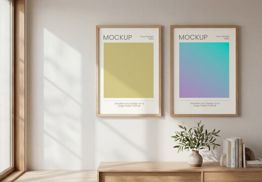 Two Vertical Wooden Poster Frame Mockups on Wall