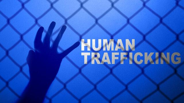Conceptual image of human trafficking awareness featuring a silhouette hand reaching out behind a chain-link fence under blue light