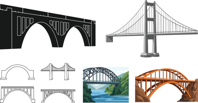 Bridge illustration collection featuring arch and suspension bridge designs in silhouette, outline and colorful styles isolated on light background