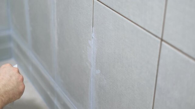 Worker using a rubber grout float to smooth grout between tiles. Carefully applying sealant to tiles joints. Workman hands smoothing caulk, using small tool to remove excess and create clean seam.