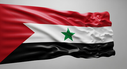 Naklejka premium Waving Syrian flag with green star and red, white, black stripes, national symbol of Syria, fabric texture, patriotic emblem, clean background