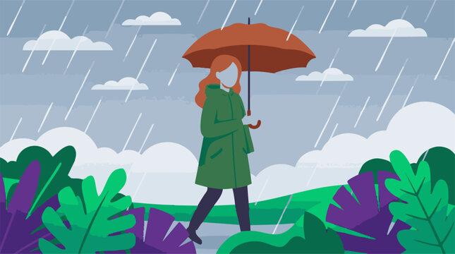 Woman in rain jacket holding an umbrella walking through nature in the rain