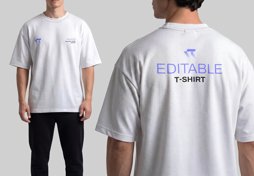 Oversized White T-Shirt Mockup on Men Model, Front and Back View