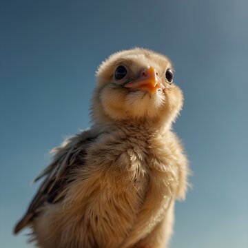 Cute small chick looking up, worm&rsquo;s eye view, bright sky background, playful concept, minimal composition