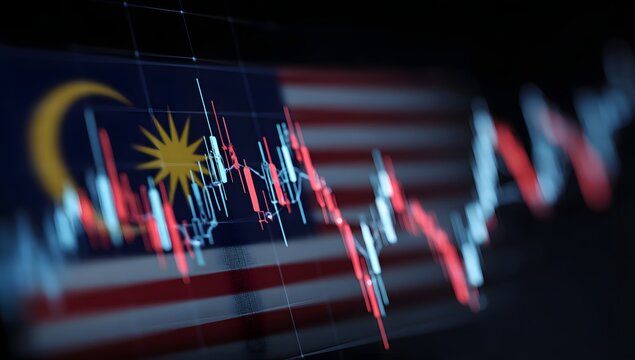 Malaysian flag overlay on financial candlestick chart representing national economy and stock exchange performance with red and blue bars showing market trends for investment and commerce growth.