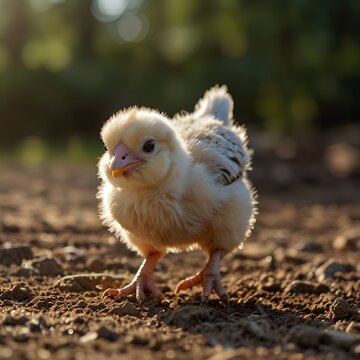 Baby chicken running with slight motion blur, ground level shot, farm background, natural lighting, awareness concept