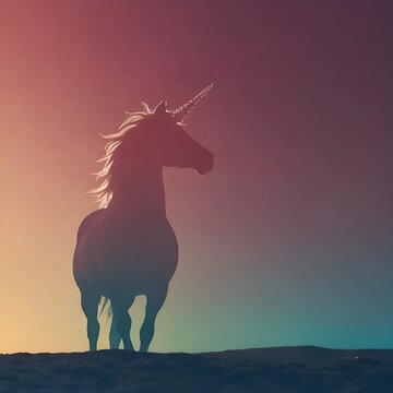 Minimal unicorn silhouette on pastel gradient background, basic angle shot, soft lighting, clean modern design, large copy space