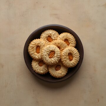 Chinese almond cookies neatly arranged, overhead shot, clean table, minimal composition, warm tones, copy space