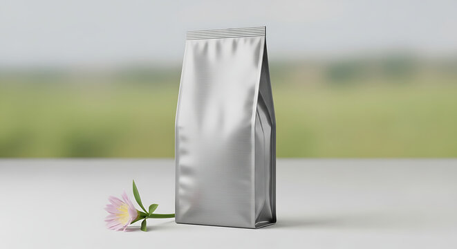 Silver metallic stand-up pouch with foil packaging and a small flower, isolated on a white surface with a blurred natural green background, ideal for product mockups and branding