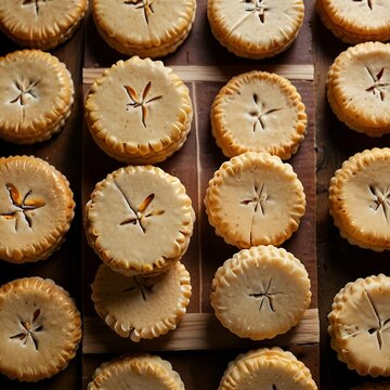 Chinese almond cookies neatly arranged, overhead shot, clean table, minimal composition, warm tones, copy space