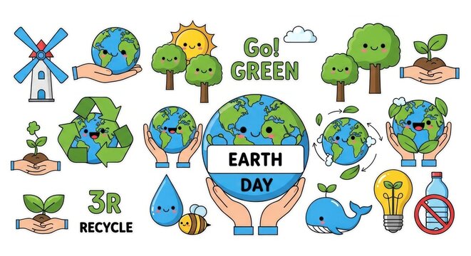 Earth Day illustration set with various eco-friendly symbols and icons