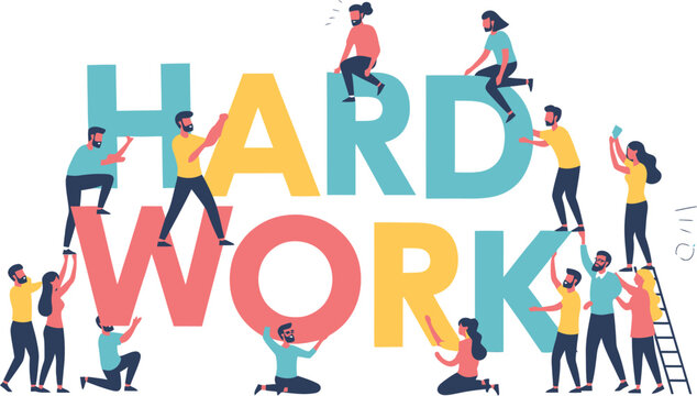 Teamwork builds the word hard work with colorful block letters