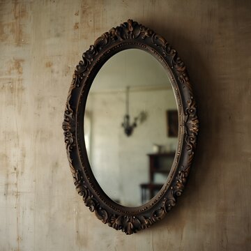 Antique mirror reflection with soft lighting, reflection shot, blurred vintage background, elegant minimal style
