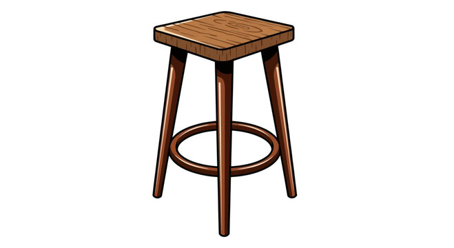 Wooden bar stool with square seat, three legs and circular footrest, isolated on white background.