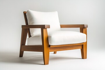 Fototapeta premium A mid-century modern wooden armchair sits in a bright room. The chair has a simple design with a white cushion. It showcases the clean lines and functional style typical of the era