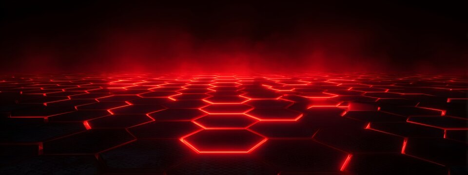 Perspective view of a dark floor with a glowing red hexagonal grid pattern, illuminated by dramatic red light and subtle atmospheric haze.