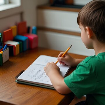 Child writing in notebook, over-the-shoulder shot, clean desk, natural light, minimal composition 