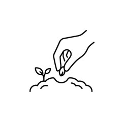 Obraz premium Simple seed planting outline icon, clean hand sowing sprout vector on white.