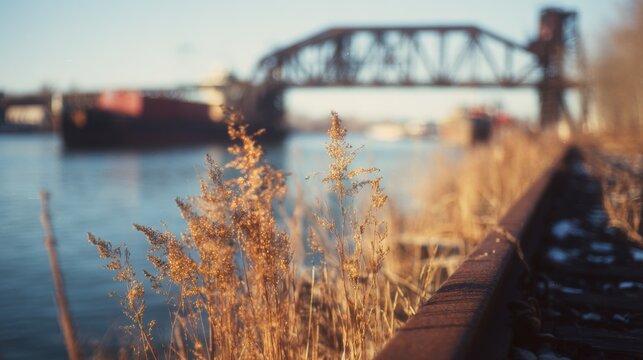 View of a river with dry grass and a bridge in the background during the day