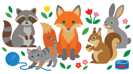 Fototapeta premium Forest animals collection with raccoon fox rabbit squirrel and kitten.