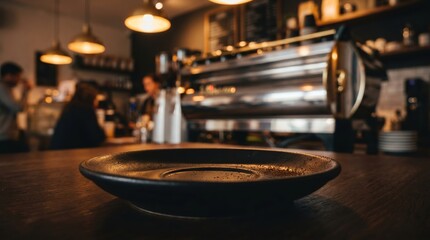 Obraz premium Empty Matte Black Plate on Wooden Table in Cafe