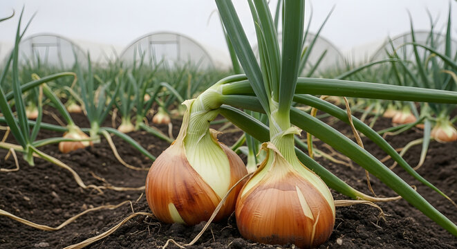 Fresh Onions Growing in Agricultural Field with Greenhouse Background