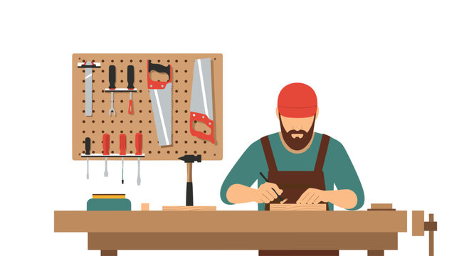 A skilled bearded carpenter wearing a red cap and brown apron meticulously works on a wooden project at a sturdy workbench with organized wall tools.
